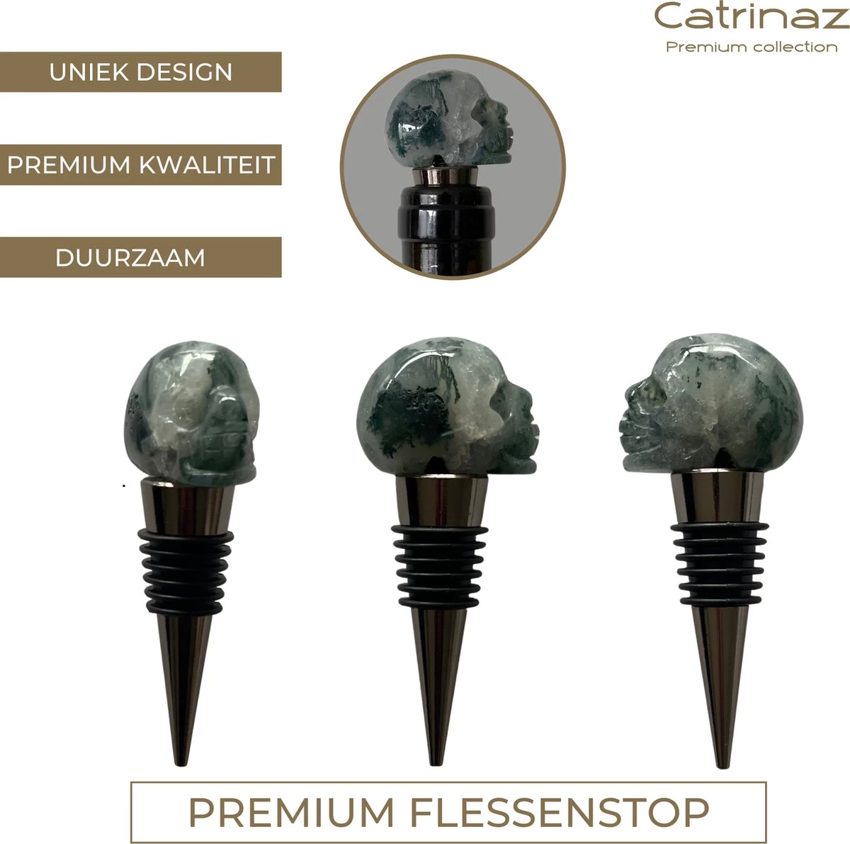 Catrinaz® - Bouchon De Bouteille Premium Avec Tête De Mort - Pierre Naturelle D'agate Moss - Bouchon à Vin - Tête De Mort - Tête De Mort - Coffret Cadeau Luxe - Cadeau Uniek - Cadeau Homme Et Femme 4 Catrinaz® - Bouchon De Bouteille Premium Avec Tête De Mort - Pierre Naturelle D'agate Moss - Bouchon à Vin - Tête De Mort - Tête De Mort - Coffret Cadeau Luxe - Cadeau Uniek - Cadeau Homme Et Femme – Image 2