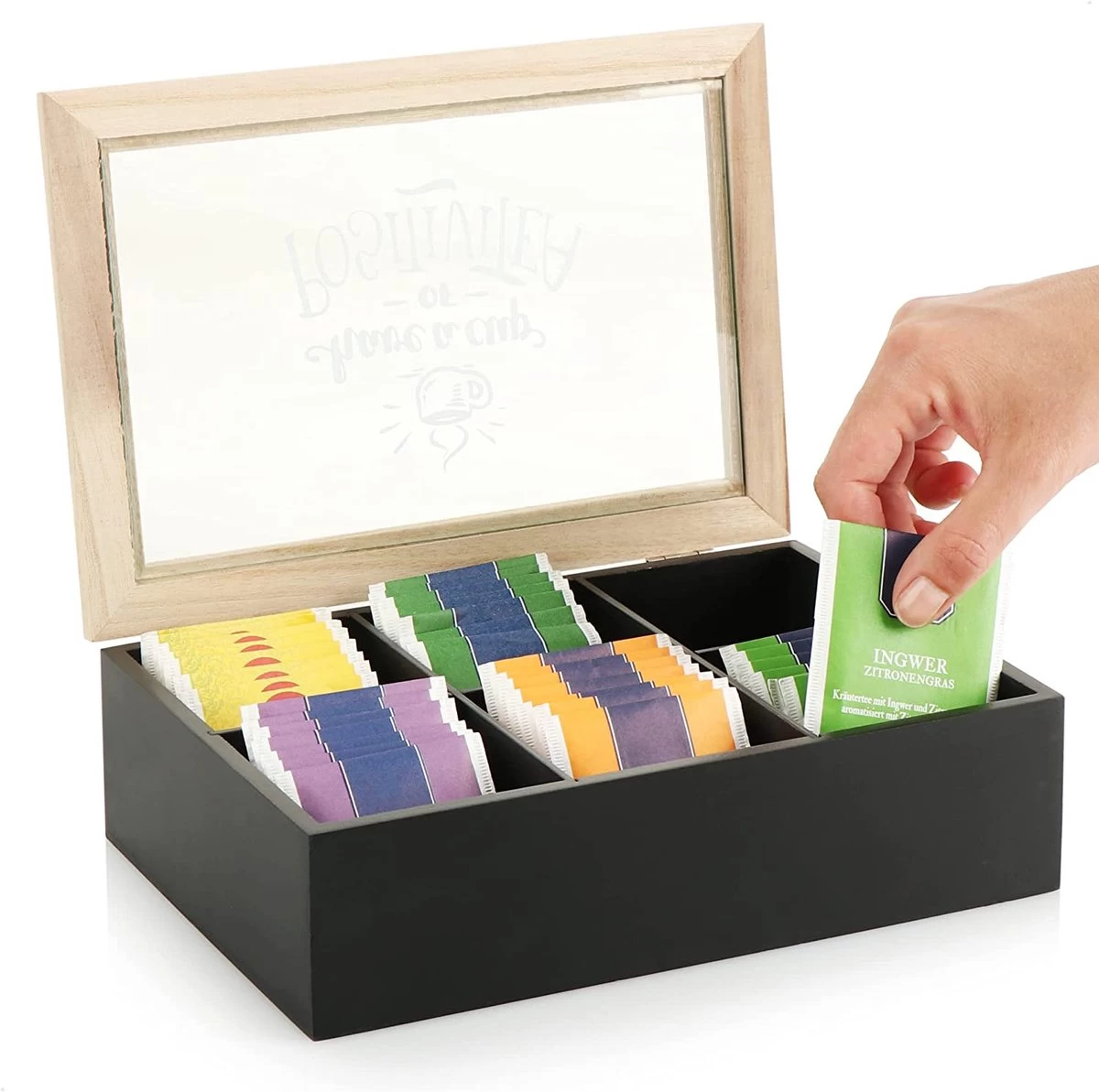 Boîte à Thé Avec 6 Compartiments - Boîte De Rangement En Bois Pour Le Thé - Boîte à Sachets De Thé Avec Fenêtre De Visualisation - Boîte à Thé 4 Boîte à Thé Avec 6 Compartiments - Boîte De Rangement En Bois Pour Le Thé - Boîte à Sachets De Thé Avec Fenêtre De Visualisation - Boîte à Thé – Image 2