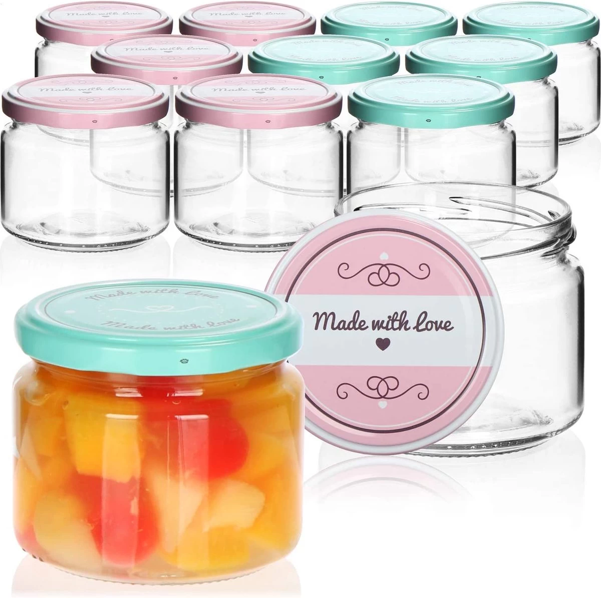 COM-FOUR® 12x Bocaux Mason Avec Bouchon à Vis "Made With Love" En Vert Et Rose - TOT Ø 82 Mm - Jusqu'à Environ 330 Ml 3 COM-FOUR® 12x Bocaux Mason Avec Bouchon à Vis "Made With Love" En Vert Et Rose - TOT Ø 82 Mm - Jusqu'à Environ 330 Ml