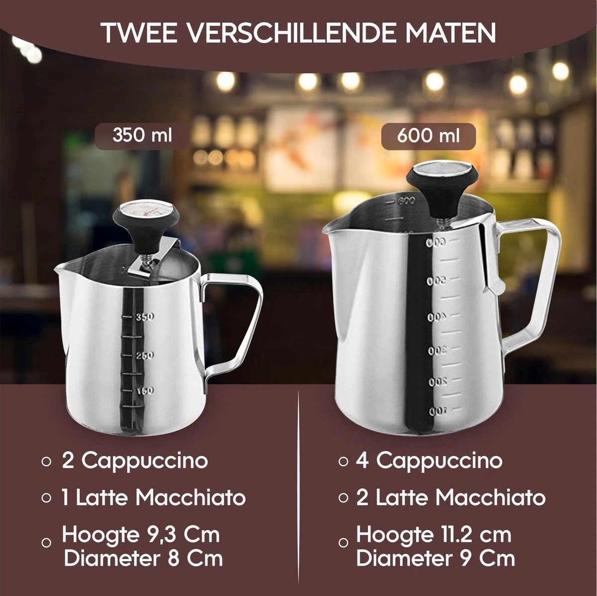 Pichet Mousseur à Lait RoiCuisine - Avec Thermomètre - 350ml - Pot à Lait - Barista - Acier Inoxydable 9 Pichet Mousseur à Lait RoiCuisine - Avec Thermomètre - 350ml - Pot à Lait - Barista - Acier Inoxydable – Image 7