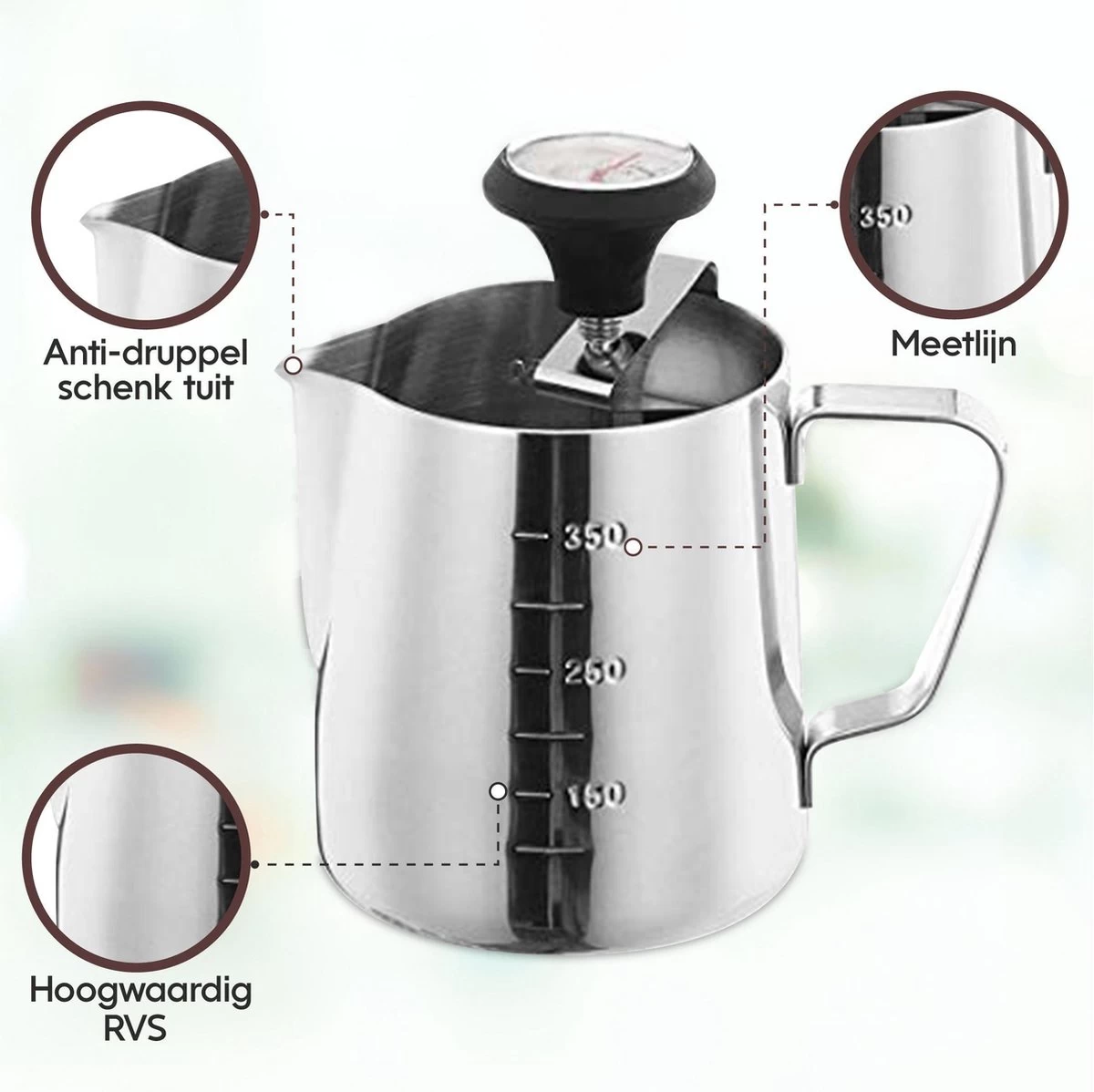 Pichet Mousseur à Lait RoiCuisine - Avec Thermomètre - 350ml - Pot à Lait - Barista - Acier Inoxydable 4 Pichet Mousseur à Lait RoiCuisine - Avec Thermomètre - 350ml - Pot à Lait - Barista - Acier Inoxydable – Image 2