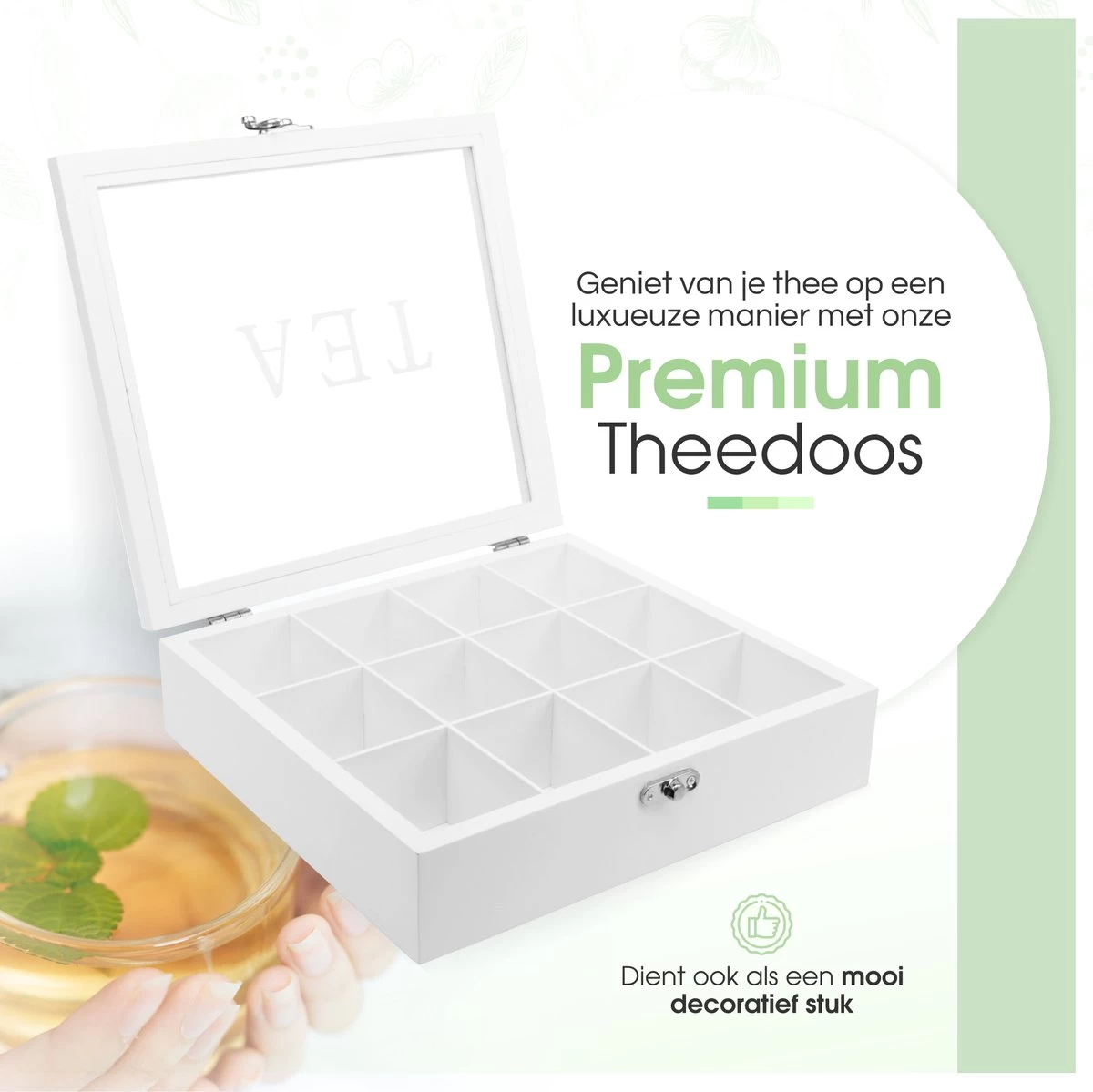 Boîte à Thé Premium - Blanche - Boîte à Thé 12 Compartiments - Verre Véritable - Avec Charnière à Résistance - Non Remplie 4 Boîte à Thé Premium - Blanche - Boîte à Thé 12 Compartiments - Verre Véritable - Avec Charnière à Résistance - Non Remplie – Image 2