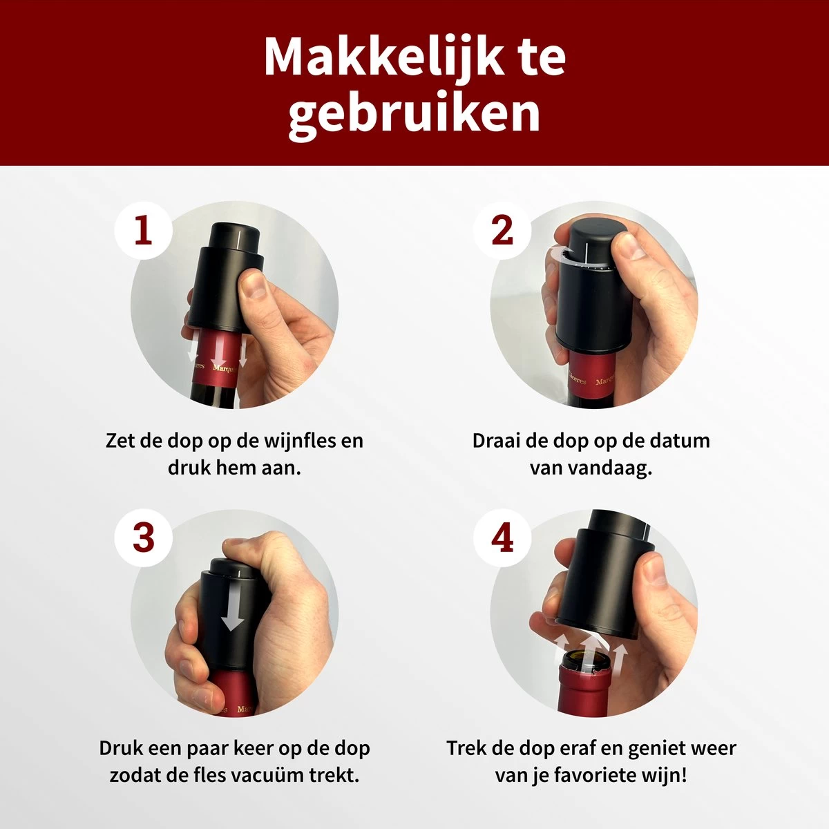 Pompe à Vide Happy Cook® Vin - Bouchon à Vin - Wine Saver - Bouchon à Vin - Avec échelle De Date - Zwart 6 Pompe à Vide Happy Cook® Vin - Bouchon à Vin - Wine Saver - Bouchon à Vin - Avec échelle De Date - Zwart – Image 4