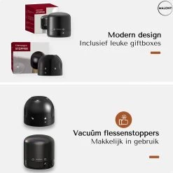 Molenti Vin Stopper - Pompe à Vide à Vin - Vin Cap - Bouchon à Vin - économiseur De Vin - Bouchon De Bouteilles - Zwart