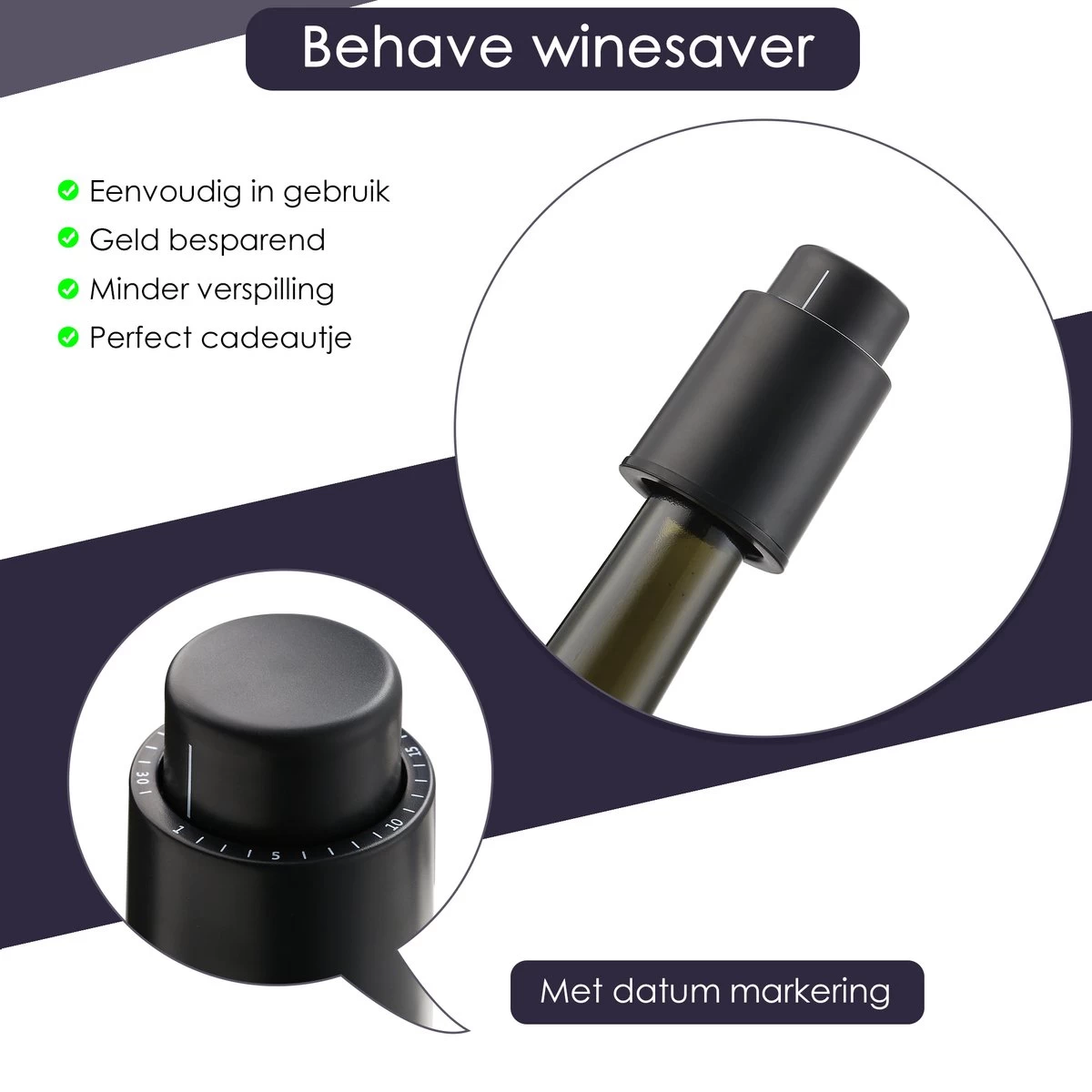 Behave Vin Stopper - Pompe à Vide à Vin - Vin Cap - Bouchon à Vin - économiseur De Vin - Bouchon De Bouteilles - Noir 4 Behave Vin Stopper - Pompe à Vide à Vin - Vin Cap - Bouchon à Vin - économiseur De Vin - Bouchon De Bouteilles - Noir – Image 2