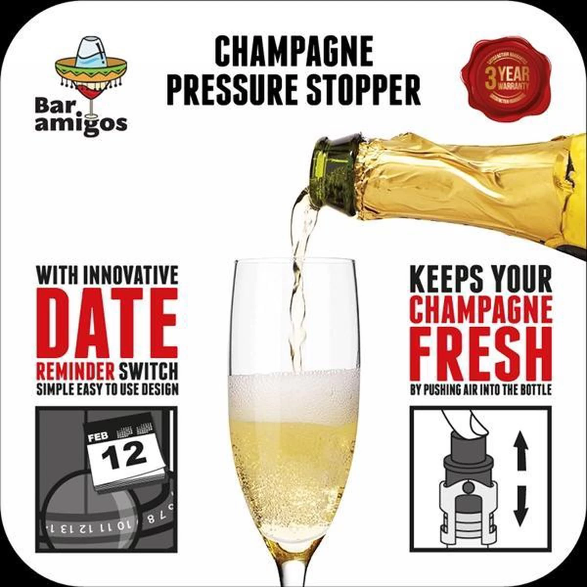 Bar Amigos Champagne Prosecco Bouchon Pressoir à Vin Pétillant - Gris 11 Bar Amigos Champagne Prosecco Bouchon Pressoir à Vin Pétillant - Gris – Image 9