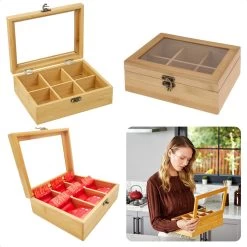 Cheqo® Boîte à Thé Bamboe - 72 Sachets - Boîte à Thé - Fenêtre Transparente - Serrure Décorative - 21x16xH7.5cm - Respectueux De L'Environnement