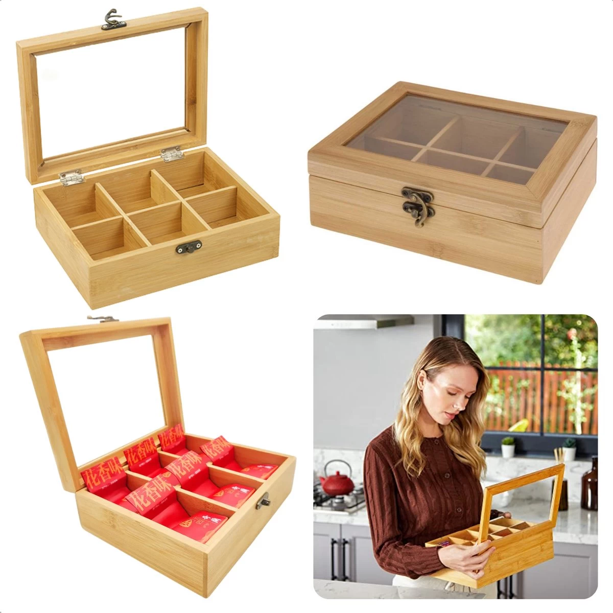 Cheqo® Boîte à Thé Bamboe - 72 Sachets - Boîte à Thé - Fenêtre Transparente - Serrure Décorative - 21x16xH7.5cm - Respectueux De L'Environnement 3 Cheqo® Boîte à Thé Bamboe - 72 Sachets - Boîte à Thé - Fenêtre Transparente - Serrure Décorative - 21x16xH7.5cm - Respectueux De L'Environnement