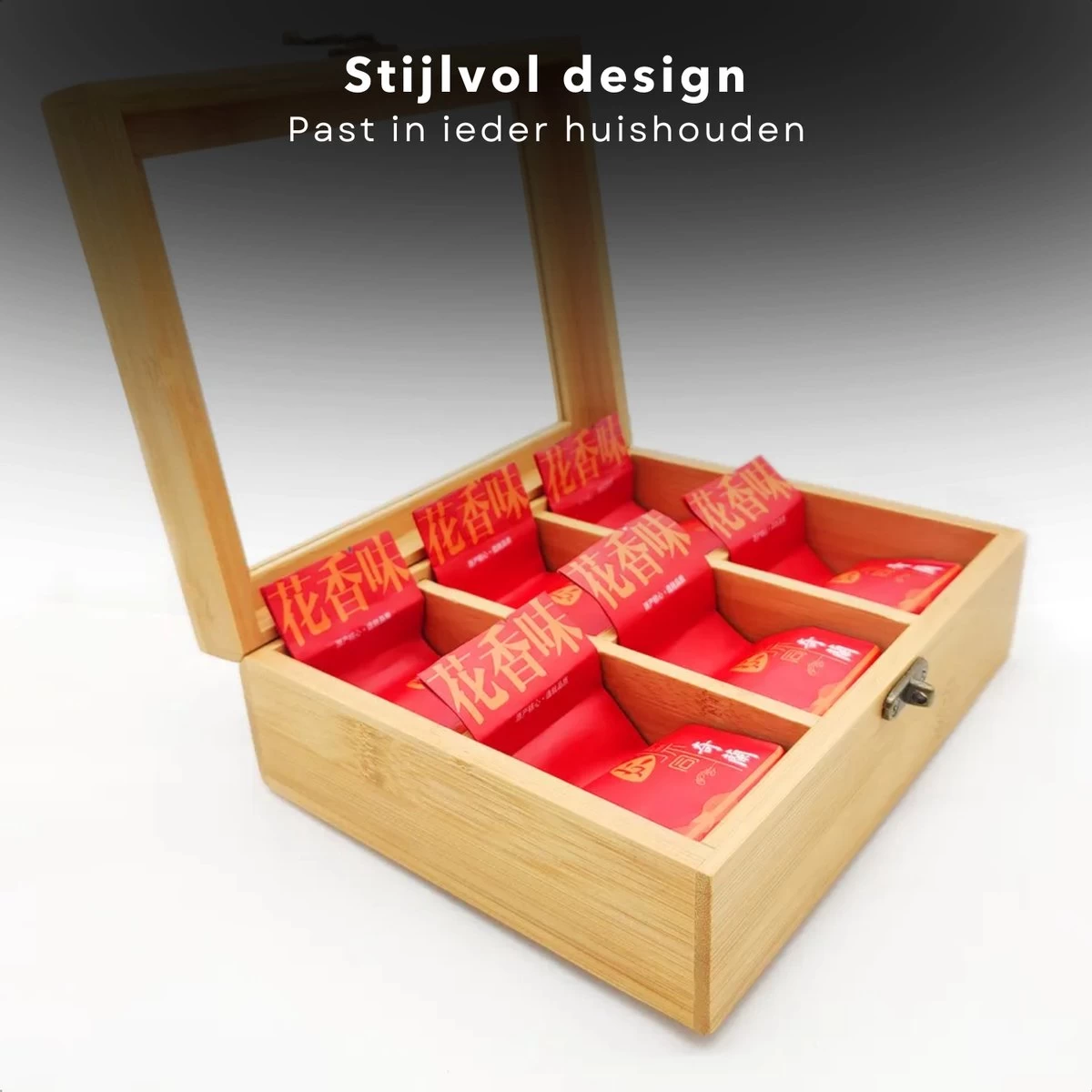 Cheqo® Boîte à Thé Bamboe - 72 Sachets - Boîte à Thé - Fenêtre Transparente - Serrure Décorative - 21x16xH7.5cm - Respectueux De L'Environnement 4 Cheqo® Boîte à Thé Bamboe - 72 Sachets - Boîte à Thé - Fenêtre Transparente - Serrure Décorative - 21x16xH7.5cm - Respectueux De L'Environnement – Image 2