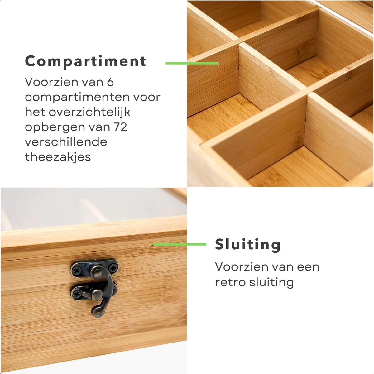 Cheqo® Boîte à Thé Bamboe - 72 Sachets - Boîte à Thé - Fenêtre Transparente - Serrure Décorative - 21x16xH7.5cm - Respectueux De L'Environnement 5 Cheqo® Boîte à Thé Bamboe - 72 Sachets - Boîte à Thé - Fenêtre Transparente - Serrure Décorative - 21x16xH7.5cm - Respectueux De L'Environnement – Image 3