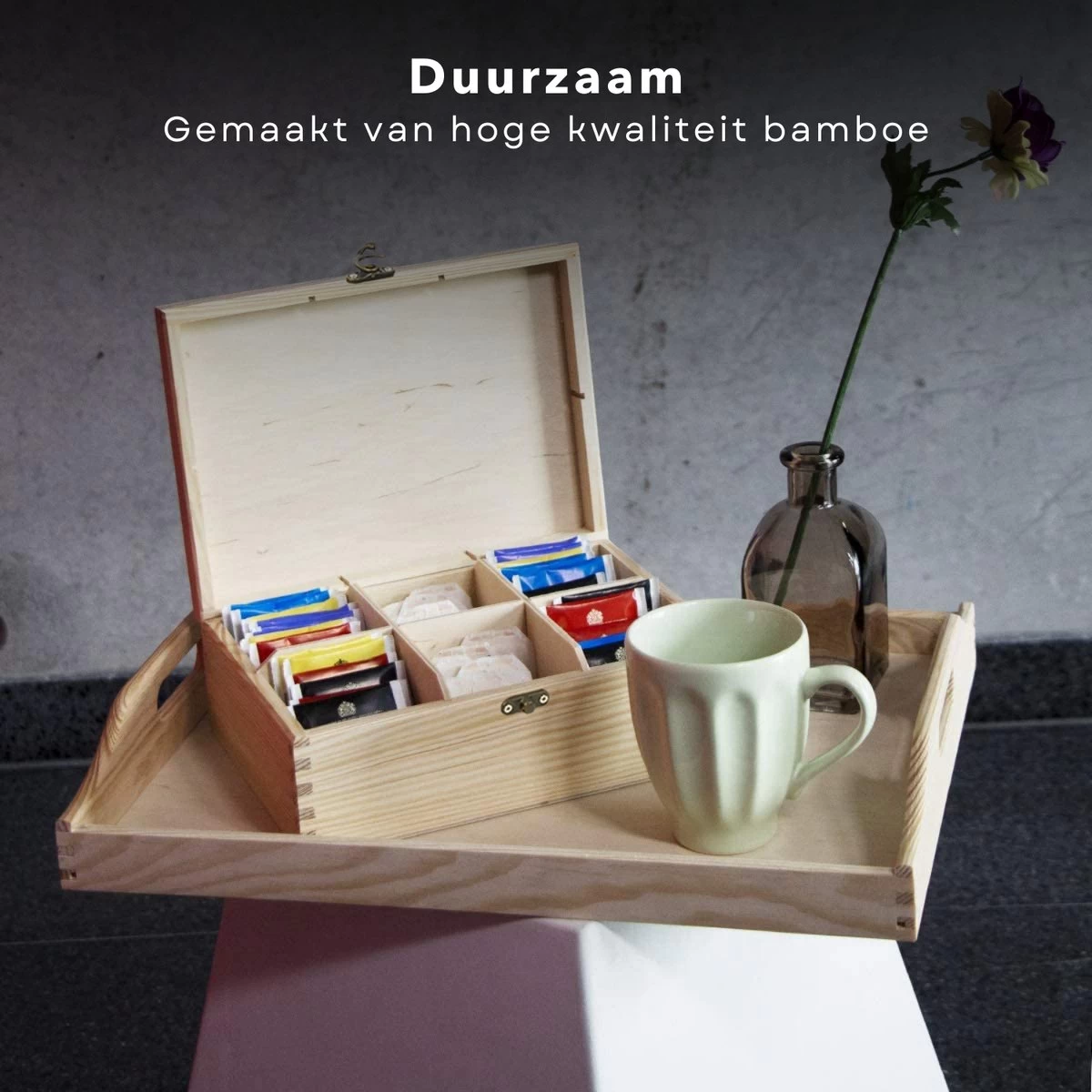 Cheqo® Boîte à Thé Bamboe - 72 Sachets - Boîte à Thé - Fenêtre Transparente - Serrure Décorative - 21x16xH7.5cm - Respectueux De L'Environnement 6 Cheqo® Boîte à Thé Bamboe - 72 Sachets - Boîte à Thé - Fenêtre Transparente - Serrure Décorative - 21x16xH7.5cm - Respectueux De L'Environnement – Image 4