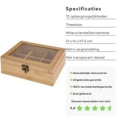 Cheqo® Boîte à Thé Bamboe - 72 Sachets - Boîte à Thé - Fenêtre Transparente - Serrure Décorative - 21x16xH7.5cm - Respectueux De L'Environnement 12 Cheqo® Boîte à Thé Bamboe - 72 Sachets - Boîte à Thé - Fenêtre Transparente - Serrure Décorative - 21x16xH7.5cm - Respectueux De L'Environnement -Dégustation Délicate 1200x1200 139