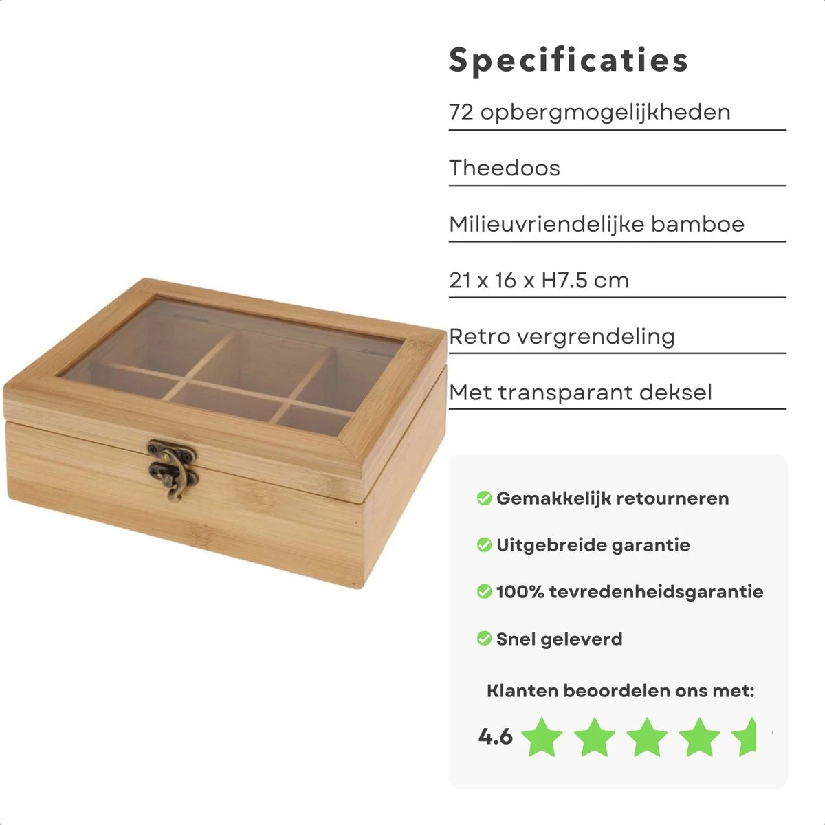 Cheqo® Boîte à Thé Bamboe - 72 Sachets - Boîte à Thé - Fenêtre Transparente - Serrure Décorative - 21x16xH7.5cm - Respectueux De L'Environnement 7 Cheqo® Boîte à Thé Bamboe - 72 Sachets - Boîte à Thé - Fenêtre Transparente - Serrure Décorative - 21x16xH7.5cm - Respectueux De L'Environnement – Image 5