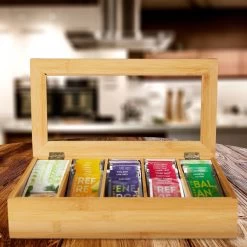 Boîte à Thé Relaxdays Bambou - 5 Compartiments - Coffre à Thé - Boîte De Rangement - Boîte De Rangement à Thé - Organisateur -Dégustation Délicate 1200x1200 144