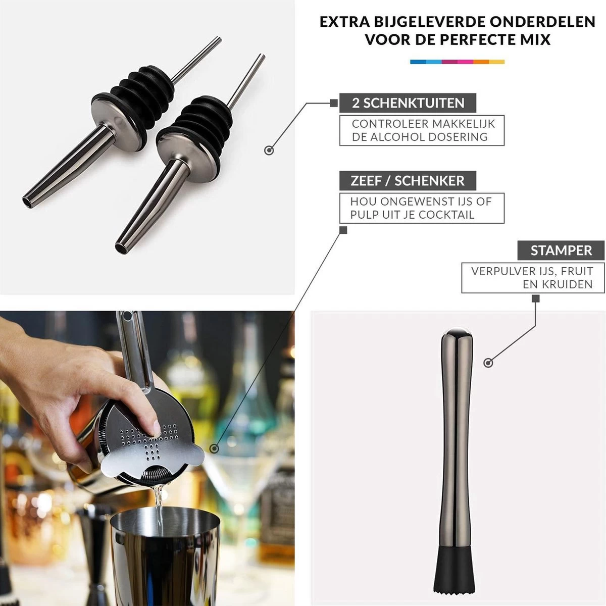 YONO Cocktail Shaker Set - Cocktail Shaker 600ml Avec Tasse à Mesurer Jigger Passoire Becs Verseurs Agitateur Et Pilon - Noir 5 YONO Cocktail Shaker Set - Cocktail Shaker 600ml Avec Tasse à Mesurer Jigger Passoire Becs Verseurs Agitateur Et Pilon - Noir – Image 3