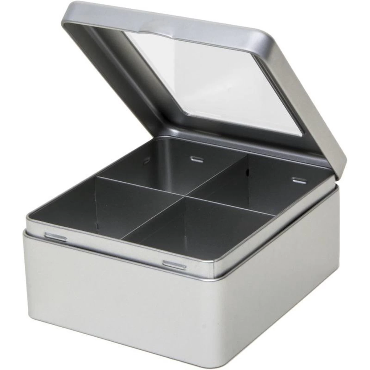 Boîte à Thé / Coffre à Thé Argentée 4 Compartiments 15 Cm Avec Fenêtre - Accessoires De Cuisine - Boîte De Rangement Porte Sachet à Thé 4 Boîte à Thé / Coffre à Thé Argentée 4 Compartiments 15 Cm Avec Fenêtre - Accessoires De Cuisine - Boîte De Rangement Porte Sachet à Thé – Image 2