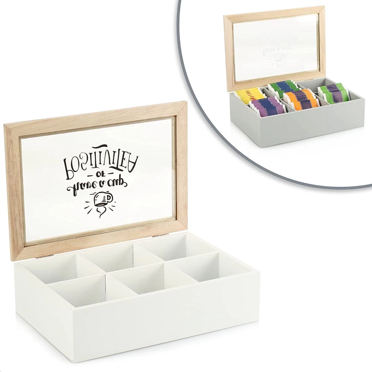 Boîte à Thé Avec 6 Compartiments - Boîte De Rangement En Bois Pour Le Thé - Boîte à Sachets De Thé Avec Fenêtre De Visualisation - Boîte à Thé 5 Boîte à Thé Avec 6 Compartiments - Boîte De Rangement En Bois Pour Le Thé - Boîte à Sachets De Thé Avec Fenêtre De Visualisation - Boîte à Thé – Image 3