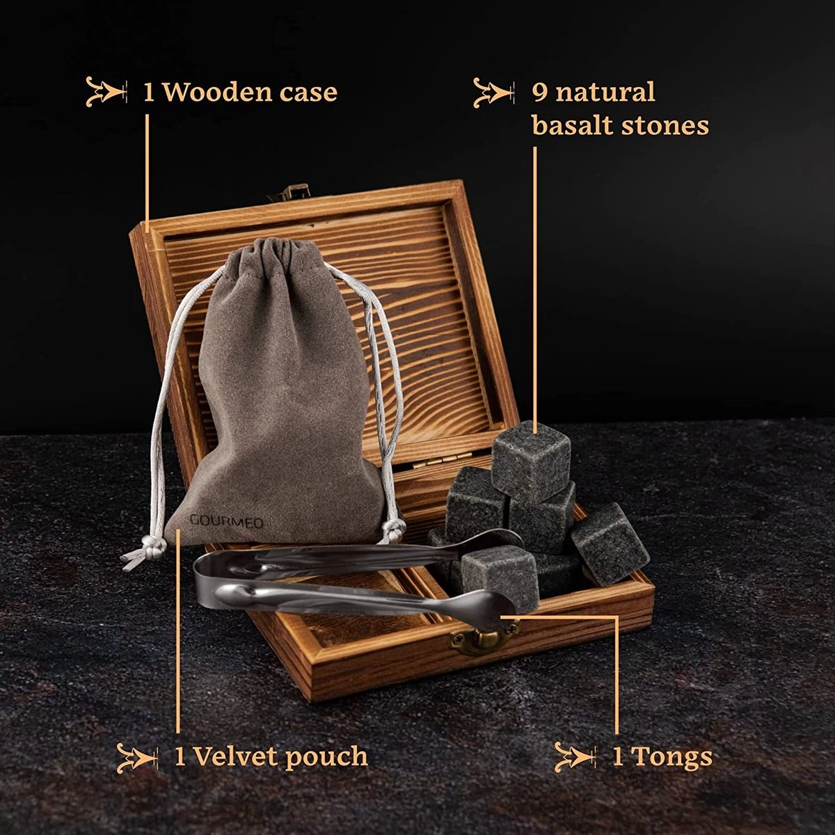 GOURMEO Lot De 9 Pierres à Whisky En Set Naturel Avec Pinces En Acier Inoxydable - Glaçons Réutilisables - Accessoire Parfait Pour Coffret Cadeau Pierre à Whisky 6 GOURMEO Lot De 9 Pierres à Whisky En Set Naturel Avec Pinces En Acier Inoxydable - Glaçons Réutilisables - Accessoire Parfait Pour Coffret Cadeau Pierre à Whisky – Image 4