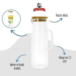 Krumble - Carafe - Filtre à Eau - Carafe à Eau - Bouteille Verseuse - Distributeur De Boissons - Poignée Et Couvercle Inclus - Glas Et Bois - 1,5 Litre - 8,5 X 27 Cm - Transparent Et Marron Clair -Dégustation Délicate 1200x1200 1974