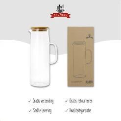Krumble - Carafe - Filtre à Eau - Carafe à Eau - Bouteille Verseuse - Distributeur De Boissons - Poignée Et Couvercle Inclus - Glas Et Bois - 1,5 Litre - 8,5 X 27 Cm - Transparent Et Marron Clair -Dégustation Délicate 1200x1200 1975