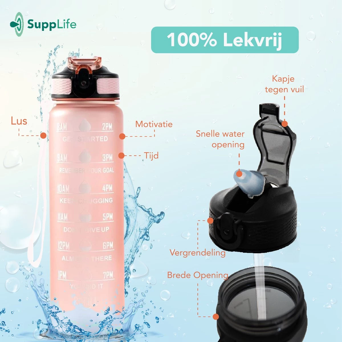 Supplife Motivational Water Bottle - Gourde De 1 Litre - Gourde Avec Marqueur De Temps - Avec Paille - Adultes - Enfants - Or Rose - Brosse De Nettoyage Incluse 6 Supplife Motivational Water Bottle - Gourde De 1 Litre - Gourde Avec Marqueur De Temps - Avec Paille - Adultes - Enfants - Or Rose - Brosse De Nettoyage Incluse – Image 4