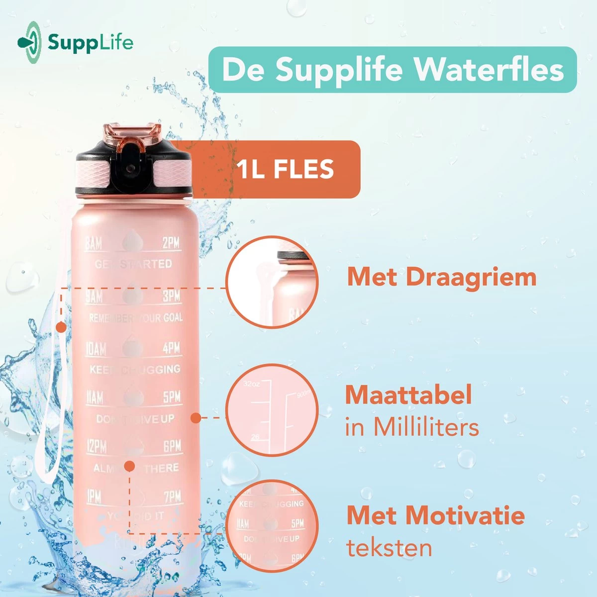 Supplife Motivational Water Bottle - Gourde De 1 Litre - Gourde Avec Marqueur De Temps - Avec Paille - Adultes - Enfants - Or Rose - Brosse De Nettoyage Incluse 7 Supplife Motivational Water Bottle - Gourde De 1 Litre - Gourde Avec Marqueur De Temps - Avec Paille - Adultes - Enfants - Or Rose - Brosse De Nettoyage Incluse – Image 5