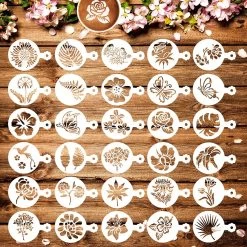 BOTC Cappuccino Template - 30 Tools Barista Réutilisables/ Fleurs - Tools DIY Stencil Cookie Barista Pour Chocolat Hot /Cupcake/ Cappuccino Décoration - 9.7x7CM)