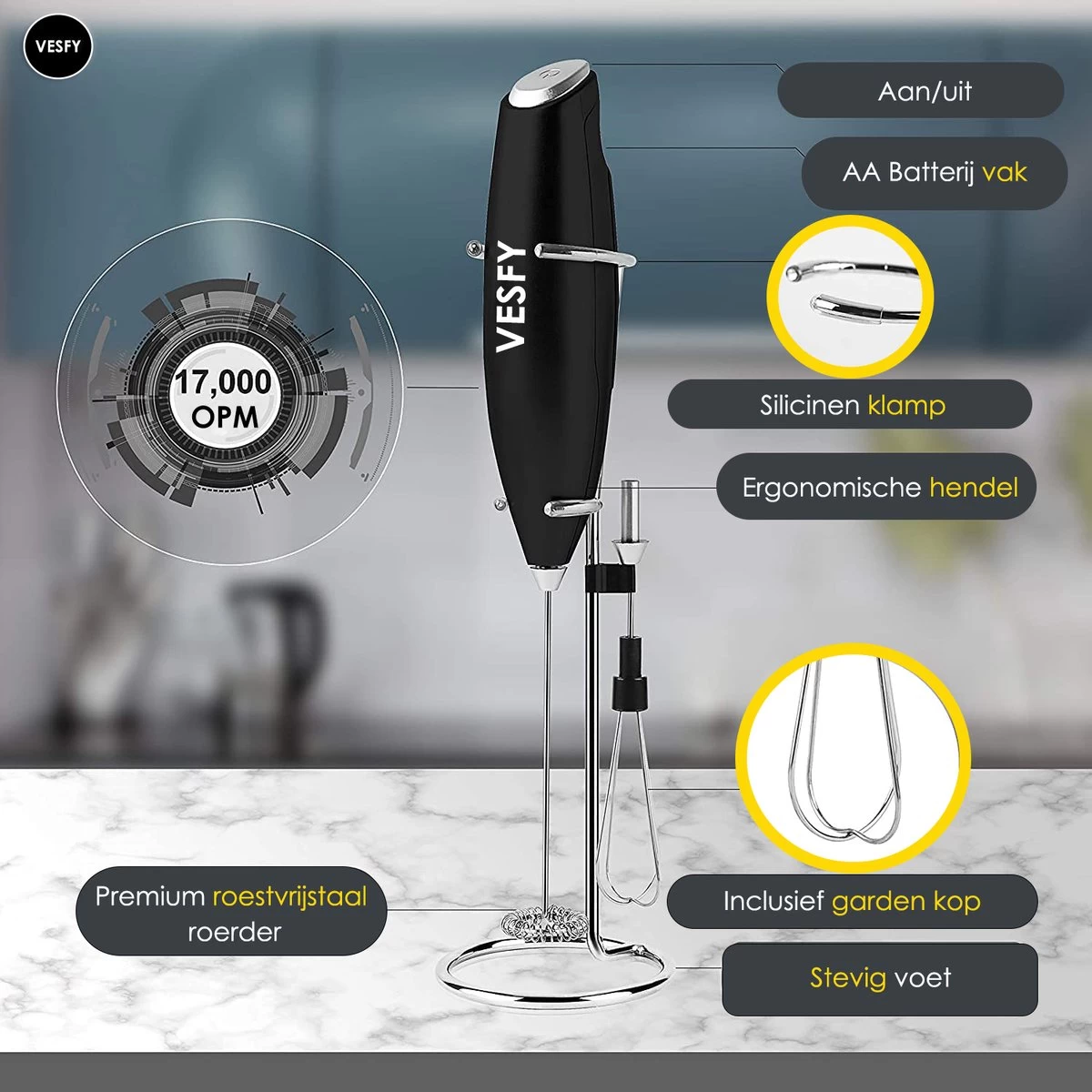 Mousseur à Lait Et Batteur à œufs VESFY Kitchen 2 En 1 Avec Support - Incl. Batteries - Mousseur à Lait Manuel - Mousseur à Lait électrique 6 Mousseur à Lait Et Batteur à œufs VESFY Kitchen 2 En 1 Avec Support - Incl. Batteries - Mousseur à Lait Manuel - Mousseur à Lait électrique – Image 4