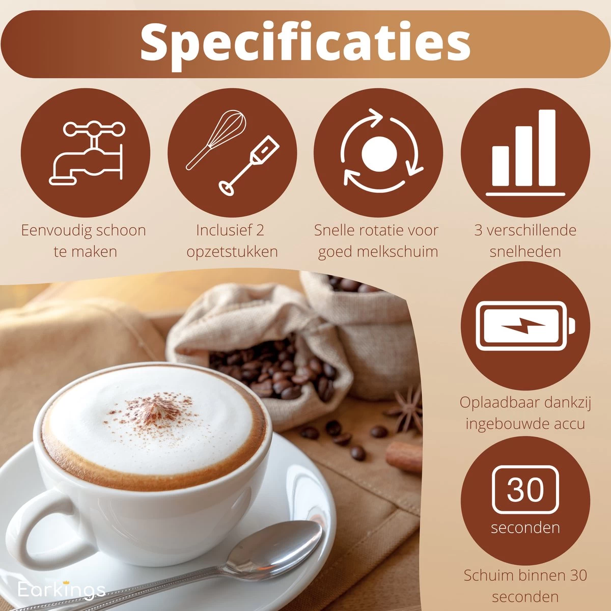 Mousseur à Lait Premium Earkings - Mousseur à Lait Rechargeable Avec Câble USB Inclus - Comprend 2 Accessoires - Mousseur à Lait électrique Wit 6 Mousseur à Lait Premium Earkings - Mousseur à Lait Rechargeable Avec Câble USB Inclus - Comprend 2 Accessoires - Mousseur à Lait électrique Wit – Image 4