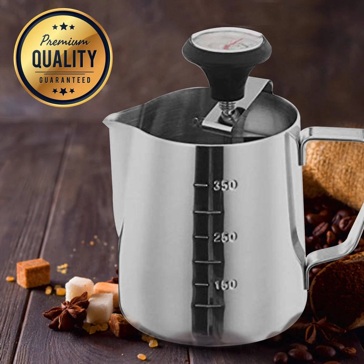 Pichet Mousseur à Lait RoiCuisine - Avec Thermomètre - 350ml - Pot à Lait - Barista - Acier Inoxydable 6 Pichet Mousseur à Lait RoiCuisine - Avec Thermomètre - 350ml - Pot à Lait - Barista - Acier Inoxydable – Image 4