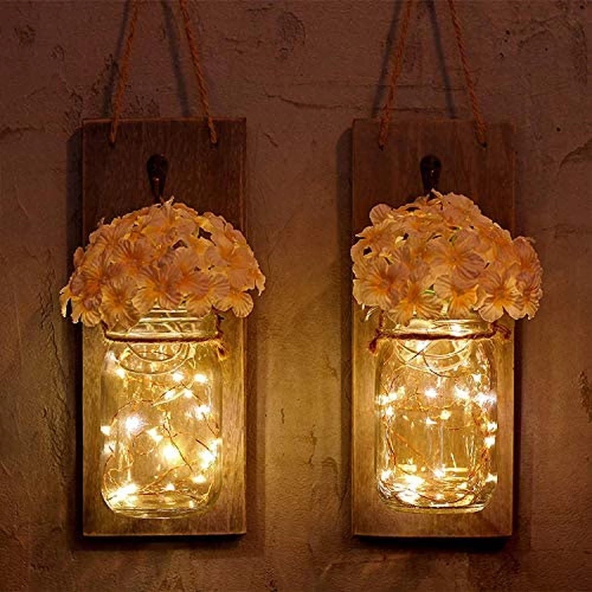 2 Pièces Appliques Murales Rustiques Mason Jar, Décoration En Bois Rustique Vintage, Crochets En Fer Forgé, Hortensia En Soie Et Guirlandes Lumineuses à LED, Design Pour La Décoration De La Maison 7 2 Pièces Appliques Murales Rustiques Mason Jar, Décoration En Bois Rustique Vintage, Crochets En Fer Forgé, Hortensia En Soie Et Guirlandes Lumineuses à LED, Design Pour La Décoration De La Maison – Image 5