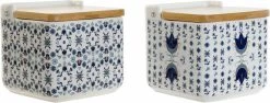 Salière Avec Couvercle DKD Home Decor Carrelage Blauw Wit Bamboe ( 12,5 X 12,5 X 12 Cm) (2 Pcs)