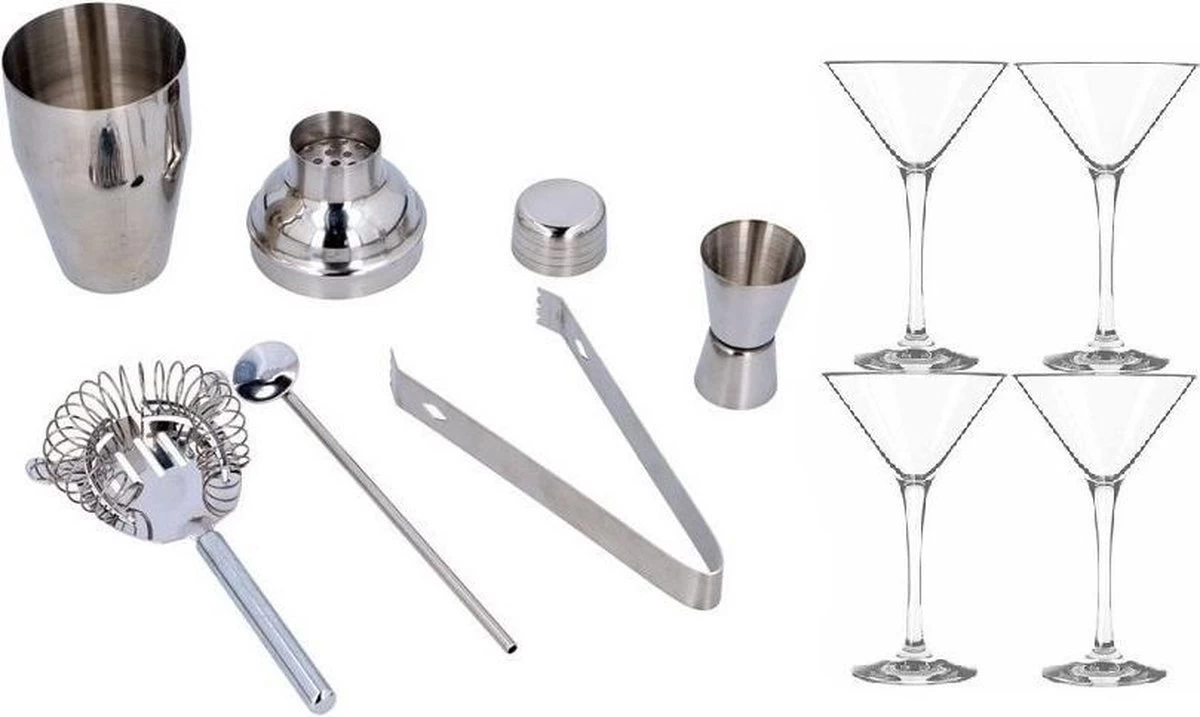 Ensemble Complet D'atelier Shaker Comprenant 4x Verres à Cocktail / Verres à Martini - 9 Pièces 3 Ensemble Complet D'atelier Shaker Comprenant 4x Verres à Cocktail / Verres à Martini - 9 Pièces