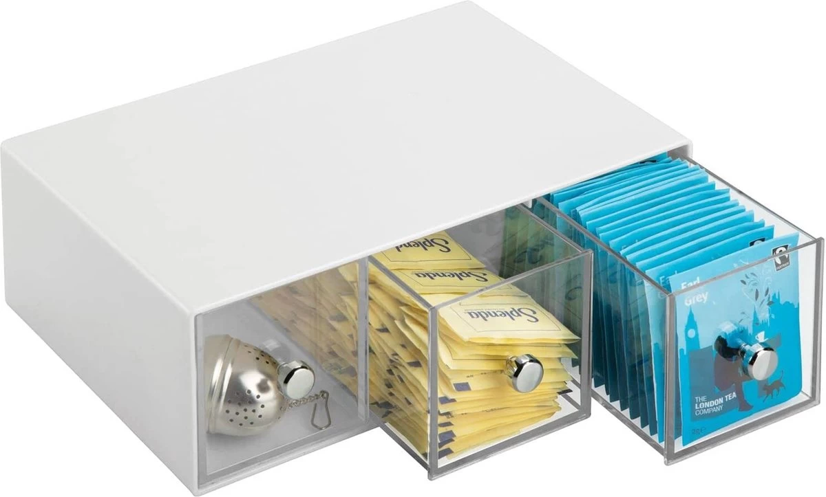 MDesign - Boîte à Thé - Commode/boîte De Rangement/organisateur - Pour La Cuisine - Pour Différents Types De Sachets De Thé, Dosettes De Café, Bonbons Et Plus - Pratique/résistant - Blanc/transparent 4 MDesign - Boîte à Thé - Commode/boîte De Rangement/organisateur - Pour La Cuisine - Pour Différents Types De Sachets De Thé, Dosettes De Café, Bonbons Et Plus - Pratique/résistant - Blanc/transparent – Image 2