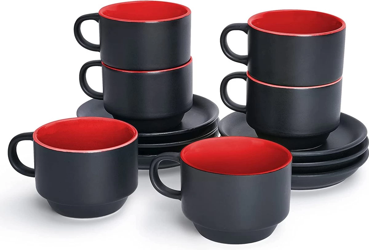 MIAMIO - 6 X 75 Ml Espresso Mug / Mugs En Faïence Noir Extérieur Coloré Intérieur - Collection Le Papillon 4 MIAMIO - 6 X 75 Ml Espresso Mug / Mugs En Faïence Noir Extérieur Coloré Intérieur - Collection Le Papillon – Image 2