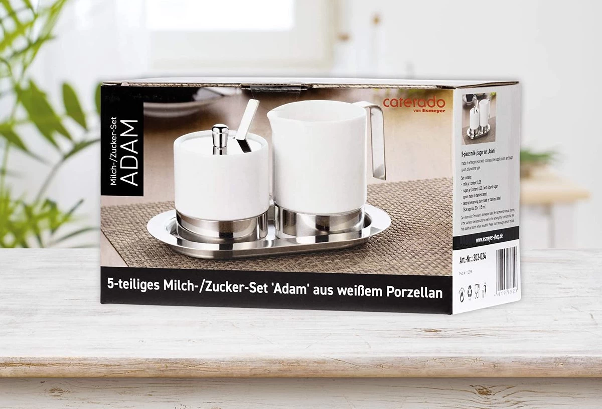 Service à Sucre Et Crème ADAM 5 Pièces, Porcelaine Blanche Et Acier Inoxydable 4 Service à Sucre Et Crème ADAM 5 Pièces, Porcelaine Blanche Et Acier Inoxydable – Image 2