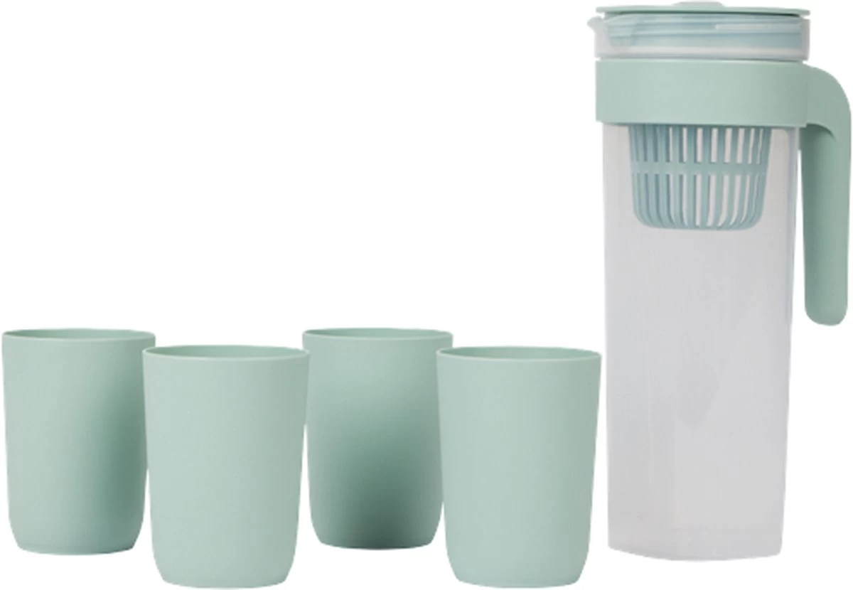 ROSALIE - Pichet En Plastique Avec 4 Gobelets - Transparent / Blauw - Pichet Avec Filtre - 1 Litre - Résistant à L'usure Et à La Casse 3 ROSALIE - Pichet En Plastique Avec 4 Gobelets - Transparent / Blauw - Pichet Avec Filtre - 1 Litre - Résistant à L'usure Et à La Casse