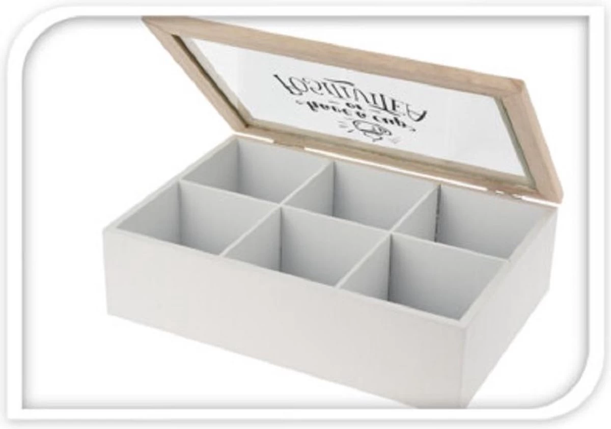Excellent Houseware Boîte à Thé/boîte à Thé En Bois Avec 6 Compartiments - 24 X 16 X 7 Cm - Marron / Blanc - Boîtes à Thé 4 Excellent Houseware Boîte à Thé/boîte à Thé En Bois Avec 6 Compartiments - 24 X 16 X 7 Cm - Marron / Blanc - Boîtes à Thé – Image 2