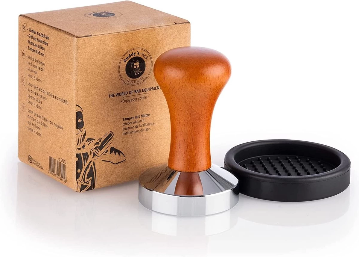 Buddy´s Bar - Barista Edition, Tamper Premium, Compresseur à Café Base Ø 58 Mm, H : 9 Cm, Acier Inoxydable, Tampon Expresso Pour Porte-tamis 58 Mm, Tamper à Café Avec Tapis En Silicone, Manche En Bois 4 Buddy´s Bar - Barista Edition, Tamper Premium, Compresseur à Café Base Ø 58 Mm, H : 9 Cm, Acier Inoxydable, Tampon Expresso Pour Porte-tamis 58 Mm, Tamper à Café Avec Tapis En Silicone, Manche En Bois – Image 2