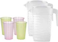 3x Pichets à Eau/limonade/jus à Jus 2 Litres Avec 24x Verres Colorés En Plastique De 200 ML Set De Réduction