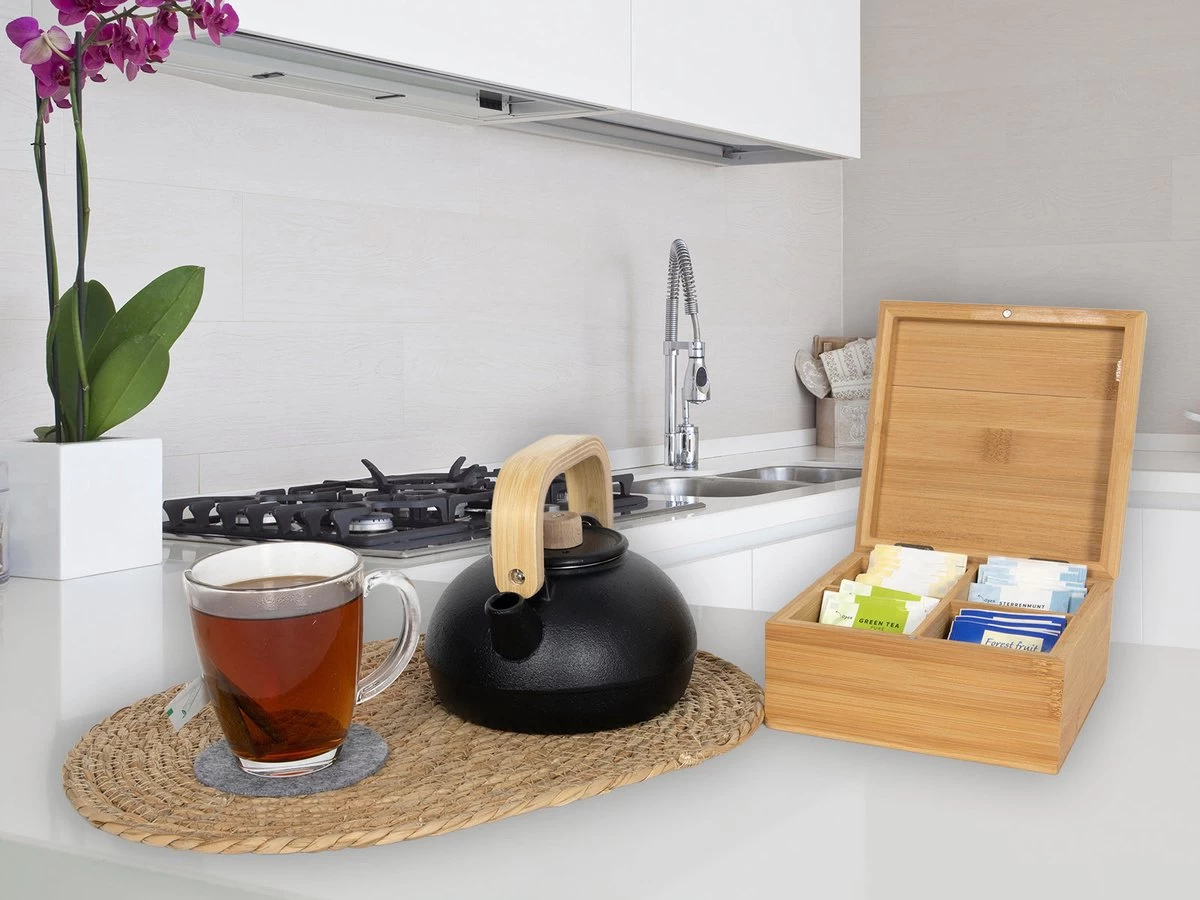 Boîte à Thé/boîte à Thé En Bois De Bamboe Marron 4 Compartiments 16 Cm - Boîtes/caisses à Sachets De Thé 4 Boîte à Thé/boîte à Thé En Bois De Bamboe Marron 4 Compartiments 16 Cm - Boîtes/caisses à Sachets De Thé – Image 2