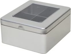 Boîte à Thé / Coffre à Thé Argentée 4 Compartiments 15 Cm Avec Fenêtre - Accessoires De Cuisine - Boîte De Rangement Porte Sachet à Thé