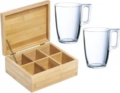 Coffret Cadeau 6 Compartiments Boîte à Thé Bambou 22 Cm - 2 Verres à Thé 320 Ml - Boîte De Rangement Sachets De Thé Avec Verres