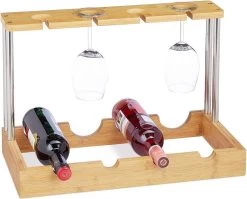 Life Deals® Casier à Vin En Bambou Pour 4 Bouteilles Et Verres à Vin - Porte-bouteille Debout - Bois Vierge - Porte-vin En Bois