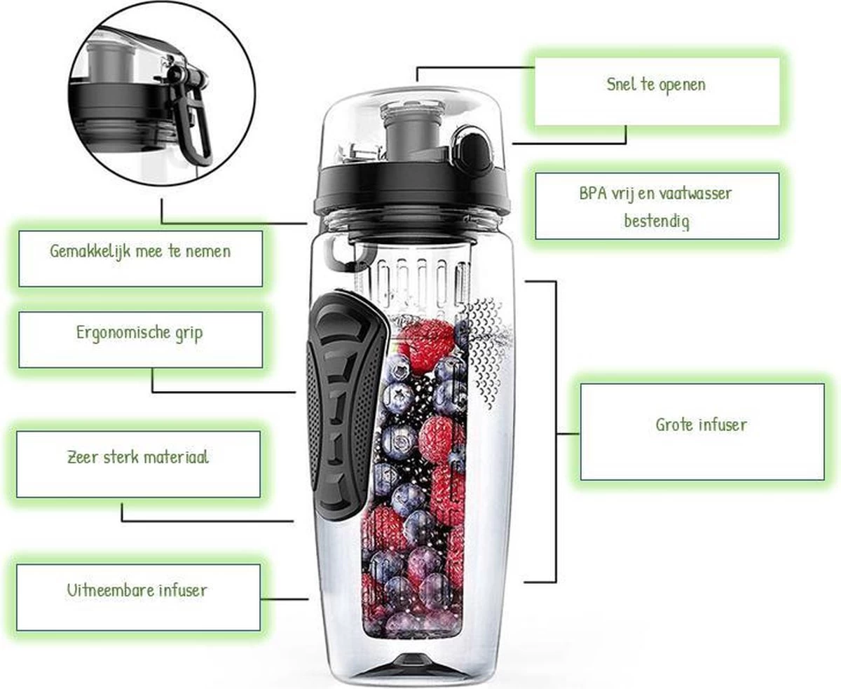 Afecto® | Bouteille De Fruits| Infuseur De Sport | Bouteilles D'eau Avec Des Fruits |1000 Ml | Bouteille De Boisson | Peut également être Utilisé Comme Une Bouteille D'eau | Sans BPA| Couleur : Vert 5 Afecto® | Bouteille De Fruits| Infuseur De Sport | Bouteilles D'eau Avec Des Fruits |1000 Ml | Bouteille De Boisson | Peut également être Utilisé Comme Une Bouteille D'eau | Sans BPA| Couleur : Vert – Image 3