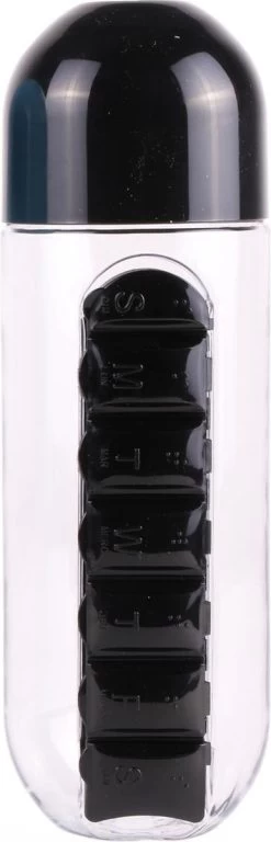 Benson Bouteille D'eau Avec Compartiments à Médicaments - Bouteille D'eau Avec Pilulier Amovible - 600 Ml - 7 Compartiments - Zwart - Passe Au Lave-vaisselle - Bouteille - Bouteille Avec Boîte à Médicaments - Bouteille -