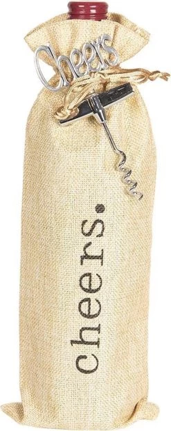 Tire-bouchon Avec Sac à Vin | 11 * 3 * 37 Cm | Couleur Argent | Zinc | Rectangulaire | Sac De Jute | Clayre & Eef | 64350
