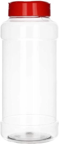 12 X 1000 Ml Spice Rond PET Transparent + Saupoudrer Couvercle Rouge Plastique Sans BPA, Rechargeable, Incassable, Recyclable, Flacon Vide