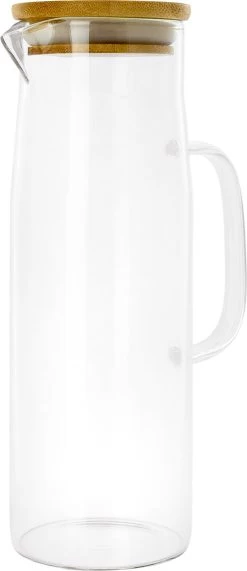 Krumble - Carafe - Filtre à Eau - Carafe à Eau - Bouteille Verseuse - Distributeur De Boissons - Poignée Et Couvercle Inclus - Glas Et Bois - 1,5 Litre - 8,5 X 27 Cm - Transparent Et Marron Clair -Dégustation Délicate 519x1200