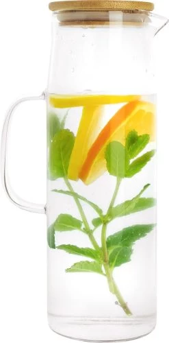 Krumble - Carafe - Filtre à Eau - Carafe à Eau - Bouteille Verseuse - Distributeur De Boissons - Poignée Et Couvercle Inclus - Glas Et Bois - 1,5 Litre - 8,5 X 27 Cm - Transparent Et Marron Clair